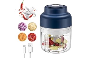 TiooDre Mini Elektrischer Lebensmittelzerkleinerer, 320 ml, 6 Klingen, Kabelloser USB-Aufladung, Lebensmittelzerkleinerer für Zwiebeln, Ingwer, Kräuter, Blau
