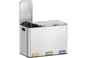 SONGMICS HOME Kosz na odpady kuchenne, 3 komory po 15 l, kolorowy kosz na śmieci z pedałem, system segregacji odpadów, z pokrywkami i wewnętrznymi wiaderkami, stal, metaliczny srebrny LTB740E45V1