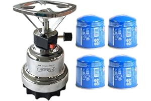 PROWELTEK - Fornello a gas portatile con accensione piezo – Kit completo per campeggio/escursioni/pesca – 1 fuoco (1000W) – Guscio INOX + 4 cartucce a gas 190 g incluse – compatto e leggero