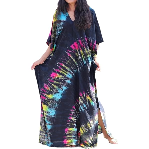 Tie Dye Plus Size Caftan Dress For Women - V-Neck Moroccan Kaftan With Side Split For Beach & Lounge Wear (Khaki) - View #11