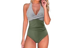 DOULAFASS Swimming Costume Women Tummy Control Push Up Swimsuit Halter V Neck Padded One Piece