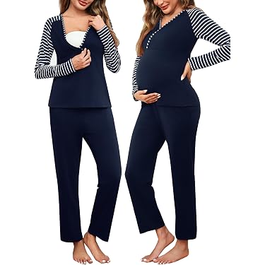 Pyjama Allaitement Maternité Hiver - Coton Élasthanne - Manches Longues - Taille Élastique