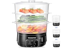 Cozeemax 13.7QT Electric Food Steamer for Cooking, 3 Tier Vegetable Steamer for Fast Simultaneous Cooking, 60 Minute Timer, BPA Free Baskets, 800W (Black)