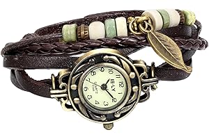 JewelryWe Damen Armbanduhr, Retro geflochten Leder Armband Armreif Armkette Uhr mit Baum Blatt Anhänger für Frau Mädchen