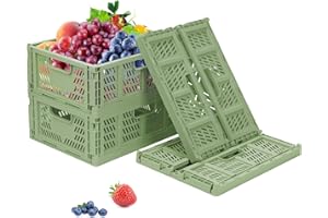 Tuevob Plastic Storage Baskets 4 Pack Folding Storage Box Crate Drawer Organizer Stackable Desk Shelf Collapsible Closet Container Food Fruit Bottle Book Organiser Bin Home Office Kitchen Holder Green