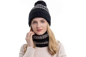 Adicloz Bonnet Echarpe Femme Hiver, Laine Bonnet Femme Hiver Pompom, Cache Cou Polaire Hiver Chaud, Doublure Molleton Doux Chapeau et Foulard Chic pour Hiver Cadeau