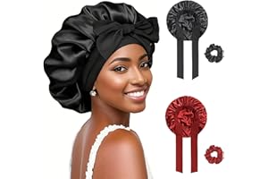 FOLAI 2 Stück Schlafmütze Satin Bonnet Nacht Schlaf Mütze Verstellbare Schlafkappe Kopfbedeckung Weiche Kopfhaube Schlafhaube Seide mit Gummizug für Damen und Mädchen(Schwarz+Rot)…