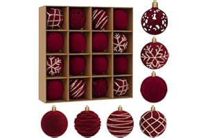 Miaikoe 16pcs Samt Weihnachts Ornamente Kugeln Sets für Weihnachten, Kunststoff zerstörungsdicht Weihnachtsbaum Flocked 6 cm Ornamente Kugeln für Winter Urlaub Dekor (Burgund)
