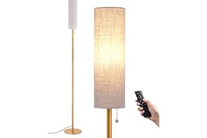 EDISHINE Floor Lamp, Standing Lamp with Rounded Linen Lampshade, Floor Lamps for Living Room, Bedroom, 165cm, E27 Socket(9W LED Dimmable Bulb Included), Magnetic Remote Control, Gold