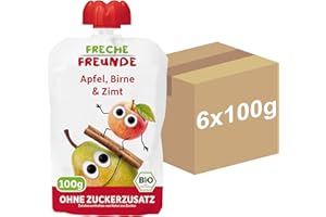 ‎FRECHE FREUNDE FRECHE FREUNDE Bio Quetschie Apfel, Birne & Zimt, Fruchtmus im Quetschbeutel für Babys ab dem 8. Monat, glutenfrei & vegan, 6-er Pack (6x 100g)