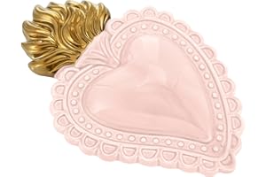 Baroni Home Cuore Sacro Ex-Voto in Ceramica Dipinta a Mano con Fiammella, Arte Sacra Tradizionale, Decorazione da Parete per la Casa, Rosa Cipria, 16x11 cm