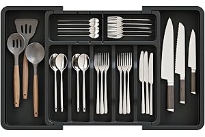 ABHENG Organizador de Cubiertos, Organizador de Cajones para Utensilios de Cocina Extendible y Ajustable, Portacubiertos de Plástico con 9 Compartimientos, Separador Herramientas, Negro, AFD011B