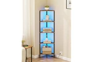 TUTOTAK Corner Shelf with LED Light, 5-Tier Corner Bookshelf for Small Space, Narrow Display Corner Shelf Stand with Storage Rack, for Living Room, bedroom, Rustic Brown BS05BB005LEU
