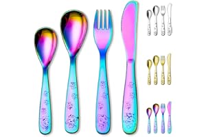 Berglander Arcobaleno Posate Mangiatrici giovani 4 pezzi in acciaio inox, placcatura arcobaleno in titanio forchetta e cucchiaio di sicurezza, specchio Lucidato con bordo liscio