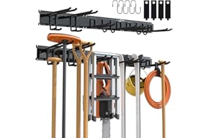 3-H Porte Outils Mural Jardin 120cm, Range Outils de Jardin en Acier Carbone avec 3 Rails & 10 Crochets de Garage Réglables & 4 Crochets S & 4 Sangles | Support Mural Modulable pour Ski Balai Râteau