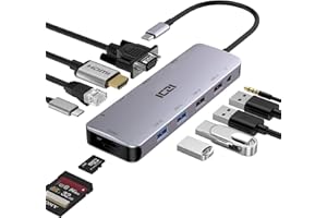 ICZI Hub USB C 11 w 1 z HDMI 4K i VGA 1080P, Wieloportowy adapter USB C do komputera (HDMI/VGA/Ethernet/Power Delivery/Audio/SD/TF/4 Port USB) Stacja dokująca kompatybilna z MacBookami, HP,Dell,ASUS