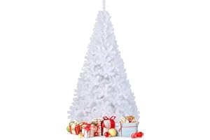 GOPLUS Sapin de Noël Artificiel Blanc 210 cm, Arbre de Nöel avec 950 Branches, Socle en Fer, Feuilles en PVC, Décoration de Noël, Idéal pour Suspendre Guirlande de Lumières et Etoile, 4 Tailles