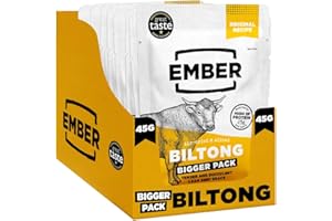 Ember Snacks: Biltong de Ternera (8 x 45g) – Carne Seca Alta en Proteínas – Snack Keto Saludable para Llevar – Beef Jerky Sabor Original