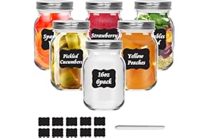 HYCKee Glass Mason Jars with Lids, 480ml/16oz Set of 6, Glass Canning Jars for Perserving, Pickle Breakfast Salad Jars, Airtight Overnight Oats Jars