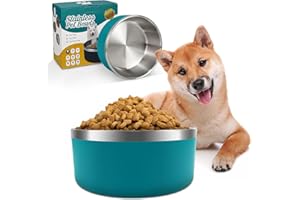 IKITCHEN Dog Bowl for Food and Water, 40 Oz Stainless Steel Pet Feeding Bowl, Durable Non-Skid Double Wall Insulated Heavy Duty with Rubber Bottom for Medium Large Sized Dogs (40Ounces/5Cup, LakeBlue)