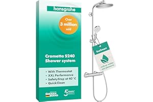hansgrohe Crometta S - oszczędzający wodę komplet prysznicowy (EcoSmart) z termostatem, zestaw prysznicowy z główką prysznicowa, wąż, szyna i deszczownica okrągła (⌀ 240 mm), chrom, 27268000