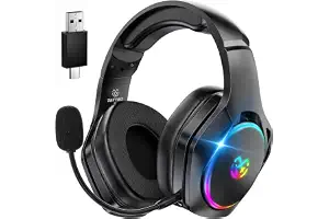 Tatybo Cascos Gaming Inalámbricos para PC/Ps5/Ps4, Auriculares Gaming Inalámbricos con 2,4 GHz+Bluetooth 5,3 Modo Dual, 7.1 Sonido Envolvente, Duración 40Hr+