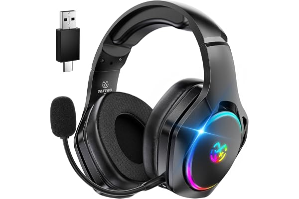 Tatybo Cascos Gaming Inalámbricos para PC/Ps5/Ps4, Auriculares Gaming Inalámbricos con 2,4 GHz+Bluetooth 5,3 Modo Dual, 7.1 Sonido Envolvente, Duración 40Hr+