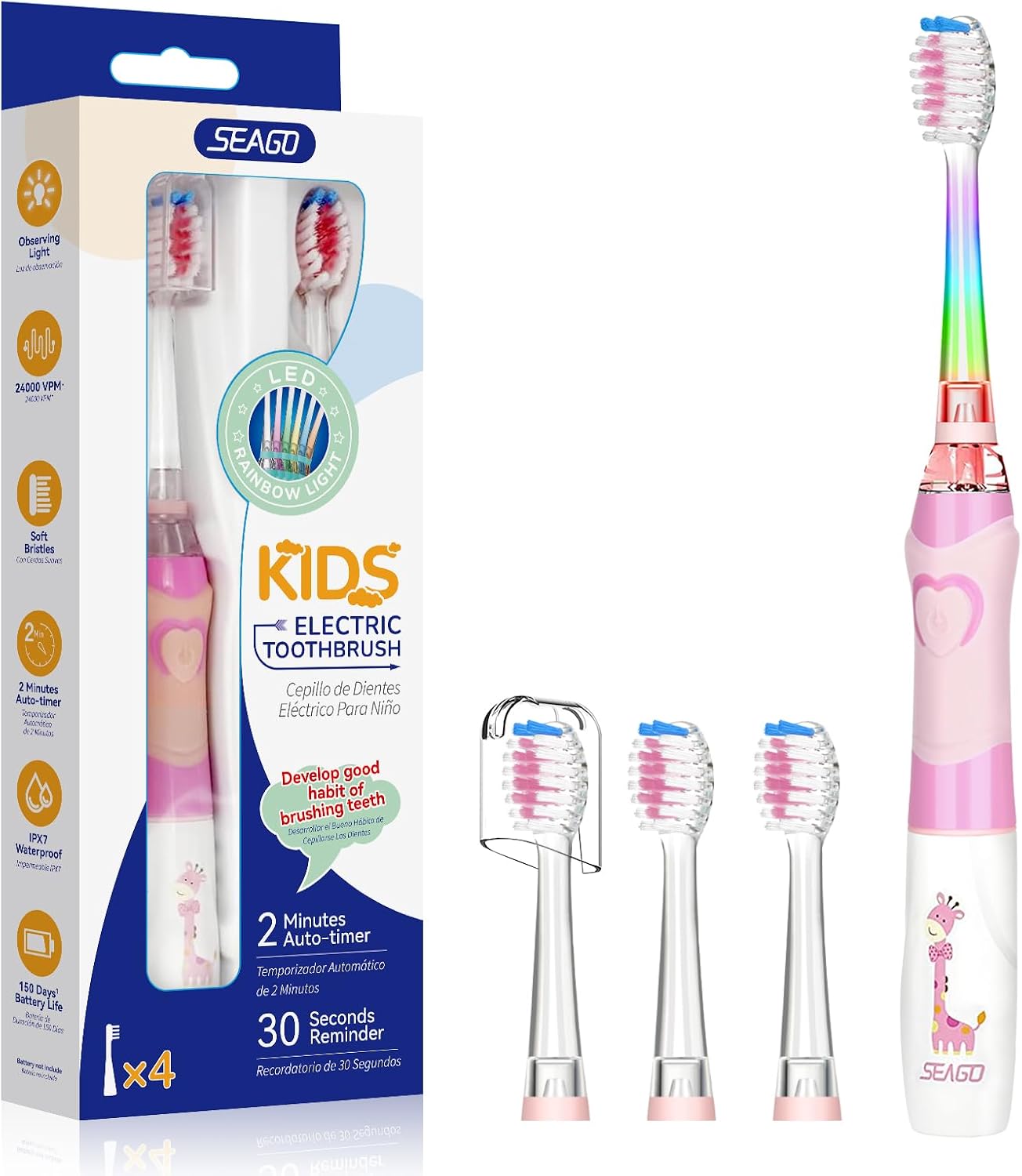 Seago Cepillo de Dientes Infantil Eléctrico Para Niños 3–12 Años Kids Con Luz de Colores,Temporizador Inteligente de 2 minutos,4 Cabezales Suaves SG-EK6/SG-977 (Rosa)