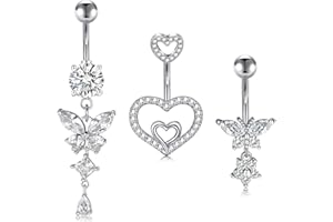 NIUSIMAN 3 pezzo Piercing ombelico,14G argento oro ombelico Piercing in acciaio chirurgico cuore farfalla ombelico gioielli Diamante ombelico Piercing lungo Barbell Set per le donne