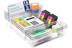 HOOMOOZ 16 Pack Drawer Organiser Dividers, 5 Sizes Clear Desk Cabinet Organiser Trays, Plastic Drawer Storage Bins for Kitchen, Bedroom, Utensils, Makeup, Bathroom and Office