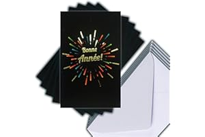AFIE M5-493 Lot 5 Cartes Bonne Année en Or Doré Brillant + 5 Enveloppes Blanches Format 14x9cm - Feu d'Artifice Nuit Noire Nouvel An Fêtes de Fin d'Année
