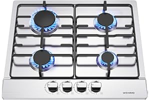WEHIMO Gaskochfeld 4 Flammig, Edelstahl Einbau-Gaskochfeld, 59cm, 7200W, 4 Kochzonen (2700W+1750W+1750W+1000W), Domino Gaskochfeld für Propangas und Erdgas, Geeignet für Alle Töpfe
