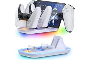 HEATFUN PS Portal Charging Dock Station - 3-in-1 Charger for Playstation 5 Portal & Dual PS5 Controllers, RGB Light Accessories Stand - White Display Base with Type-C Cable for Gaming Setup