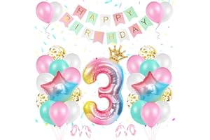 3 Ans Décoration d Anniversaire Filles, TOLOYE Ballon Anniversaire Fille, Arc-En-Ciel Aluminium Ballon Numéro 6 Ballon, Bannière d'Anniversaire, Ballons En Latex Confettis Pour Fête d'Anniversaire