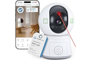 PetTec® Pet Cam Laser - Haustierkamera mit App [OHNE ABO-Falle] - Katzen Kamera Zuhause mit Bewegungserkennung & Nachtsichtfunktion - 4MP Rundumblick 360° Schwenken & Neigen - Katzenspielzeug