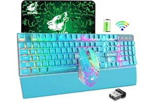 LEXONELEC Teclado inalámbrico Mouse Rainbow Backlit 2.4G Recargable 3000mAh Batería 104 Teclas + 2400DPI 6 Botones Optical Rainbow LED Gaming Ratón inalámbrico + Muñeca de Teclado
