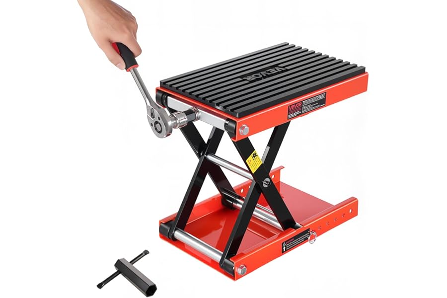 VEVOR Motorcycle Lift, 1200lbs Weight Capacity, Wide Deck Motorcycle Scissor Jack, 4.1-15 in Height Range, Heavy Duty Steel Bike Repair Center Stand with Ratchet and Crank for ATVs, Dirt Bikes