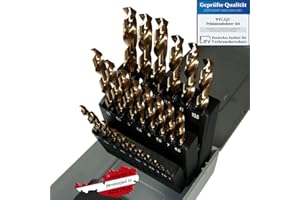 WeLiQu® Brocas para metal cobalto, HSS-E M35, 25 piezas, 1-13 mm, paso de 0,5 mm, autocentrado, DIN 338, tipo N, 135° para acero de hasta 1000 N/mm², V2A, CrNi, bronce, fundición.