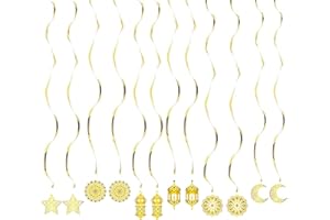 FORIS Eid Decorations, 12pcs Eid Mubarak Decoration EID Decorations for Home EID Hanging Swirls Decorations Moon,Stars Streamer Eid Garlands,Reusable Muslim Islamic Ceiling Hanging Decorations