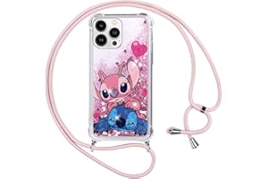 LYUBFDC Funda con Cuerda para iPhone 13/iPhone 14 6,1", Carcasa Glitter Liquida Silicona Case con Correa Colgante Ajustable Collar Correa de Cuello Cadena Cordón Lindo Stitch Cover para iPhone 14, R2