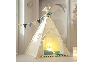 TreeBud de tipi pour Enfants avec Tapis, Cinq pôles Tentes de Jeu Indiennes pour Tout-Petits garçons Filles Playhouse Pom Pom Lace Cotton Canvas Tipi avec Sac de Transport pour intérieur extérieur