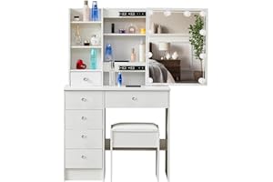 LIANWANG Schminktisch mit Hocker und Beleuchtung, Frisiertisch mit Spiegel für Make-up, Kosmetiktisch mit 3 Farben Einstellbarer Helligkeit, 6 Schubladen, Modern