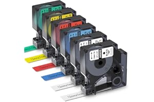 Aken 6x Nastro Compatibile con Dymo D1 Etichette 12mm x 7m Compatibile con Dymo Labelmanager 160 LM280 360 420P, 45010 45013 45016 45017 45018 45019, Trasparente/Bianco/Biallo/Rosso/Verde/Blu