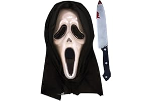 Mega_Jumble Adult Unisex Ghost face Hooded Scream Halloween Black Hood Scream Mask & Bloody Knife Scary Gothic Fancy Dress Costume Accessory