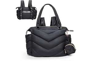 MISS FONG Baby Changing Bag Tote,Nappy Changing Bag Backpack with Pacifier Case, Puffer Mommy Maternity Backpack for Hospital,Tote Baby Bag with 10 Pockets,Convertible Diaper Bag for Travel, Black