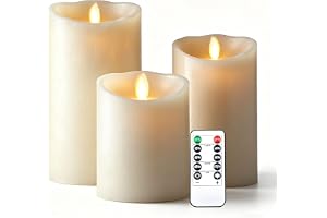 Da by Flamlösa ljus 10 cm, 13 cm, 15 cm (4”, 5”, 6”) set med 3 realistiska dansande LED-flimrande veke för fester, hem, offentliga eleganta evenemang, batteridriven, fjärrkontroll med 10 tangenter, elfenbensfärg.