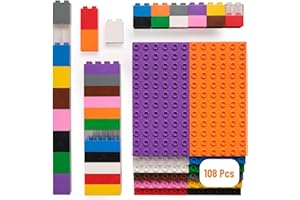 STRICTLY BRIKS Set di mattoncini per costruzione torre - compatibili con tutte le principali marche - solo mattoncini a pioli grandi - 12 basi arcobaleno (19 x 9,5 cm) e 96 Big Briks assortiti