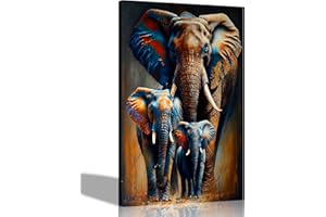 Artley Prints - Portrait d'une famille d'éléphants colorés sur toile pour mur, salon, chambre à coucher, couloir, abstrait extra large 101 x 76 cm