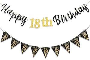TOPWAYS 18th Birthday Decoration Banner Boys Girls, Black Gold Happy 18th Birthday Banner for Boys Girls (18)