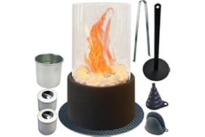 DAILJMON Bioethanol Tabletop Fire/Fire Pit Table,Portable Bioethanol Fireplace-Fuel Bio Ethanol Burner Heater with Windproof Glass,Double Burn Chamber,90 Min Burn Time Round Black,for Indoor Outdoor Camping